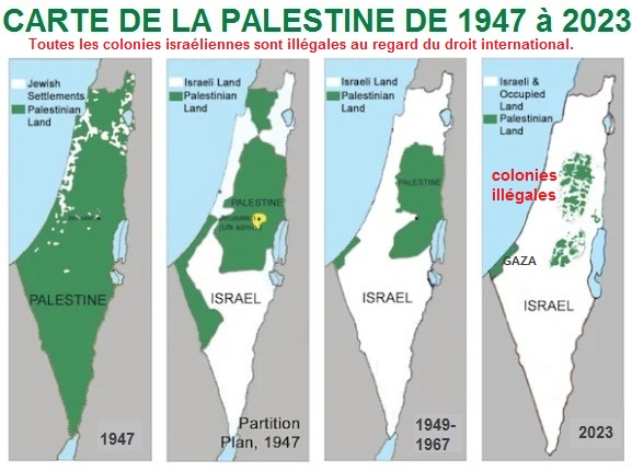 Le fil info, cartes Palestine, Isral, 1947, 1967, 2023, une Fil-info-France.