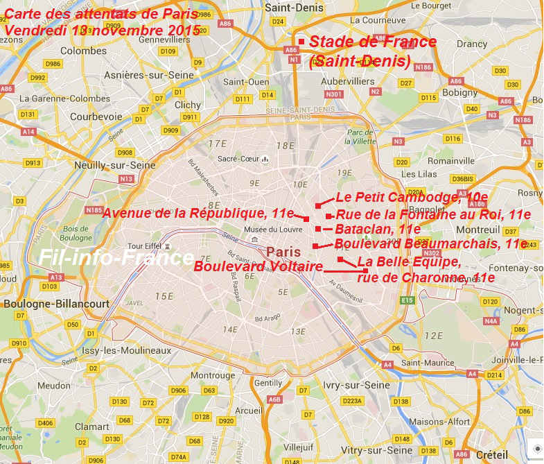 Carte des attentats de Paris, vendredi 13 novembre 2015, Fil-info-France
