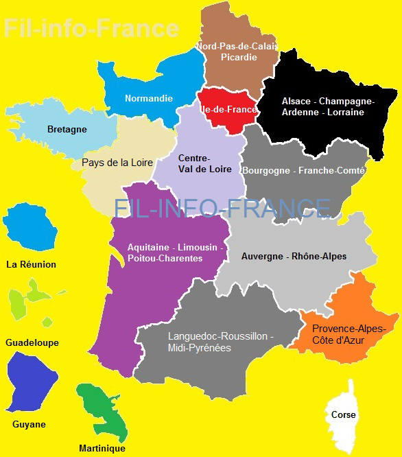 Carte des nouvelles rgions y compris DROM-COM, dpartements et rgions d'outre-mer et collectivits d'outre-me, 2016, Fil-info-France, fr