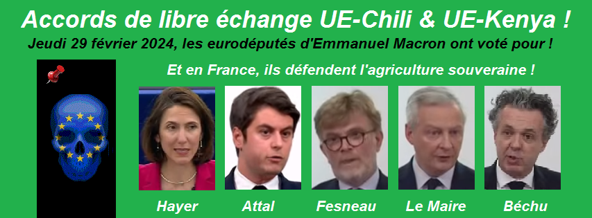 Valrrie Hayer, Emmanuel Macron, Gabriel Attal, Marc Fesneau, Bruno Le Maire, Christophe Bchu, en faveur des accords de libre change UE-Chili et UE-Kenya, 2024